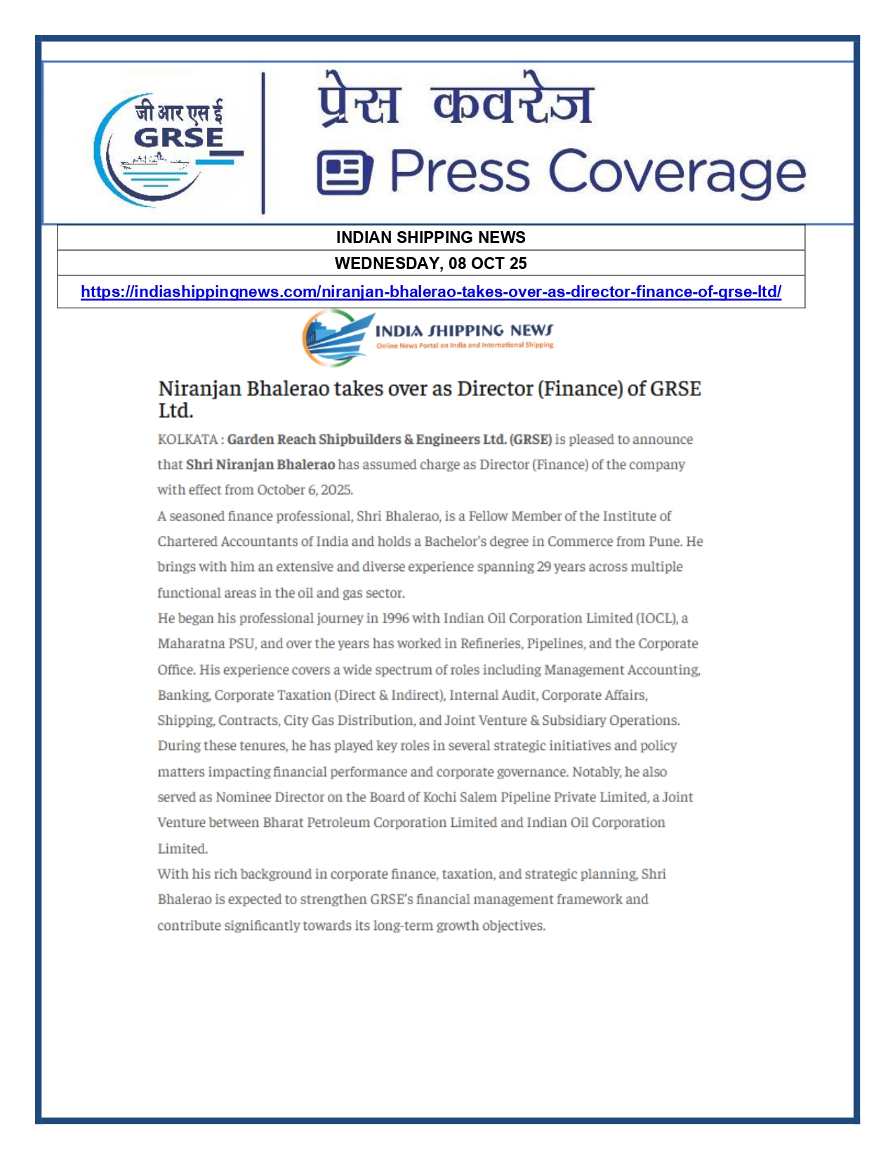 Press Coverage : 08 Oct 25:Shri Niranjan Bhalerao takes over as Director (Finance) of Garden Reach Shipbuilders & Engineers Ltd. (GRSE) 